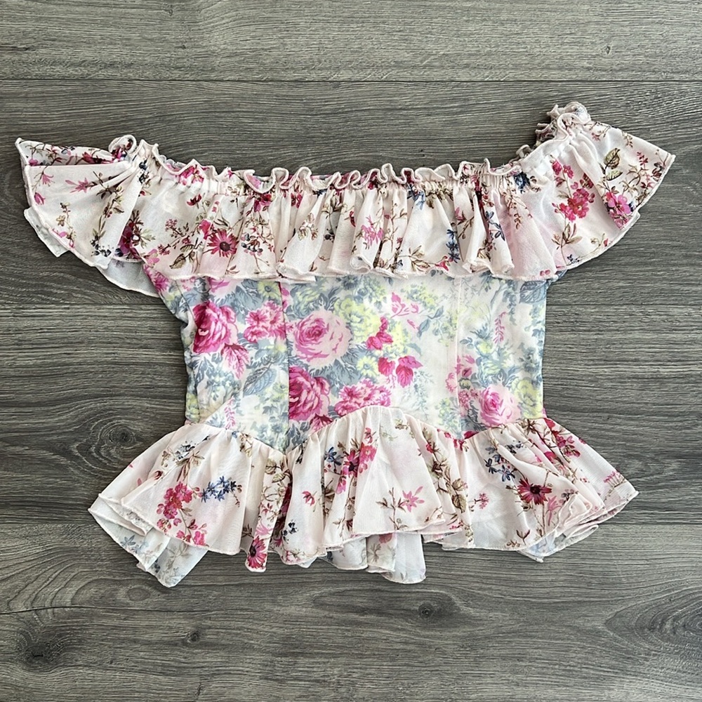 Anthropologie Off the Shoulder Mesh Top Small Pink Floral Ruffle Cottagecore NWT - Picture 10 of 12